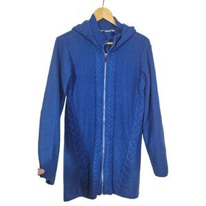 Soft Surroundings Royal Blue Full Zip Chunky Knit Hooded Long Line Sweater Sz S